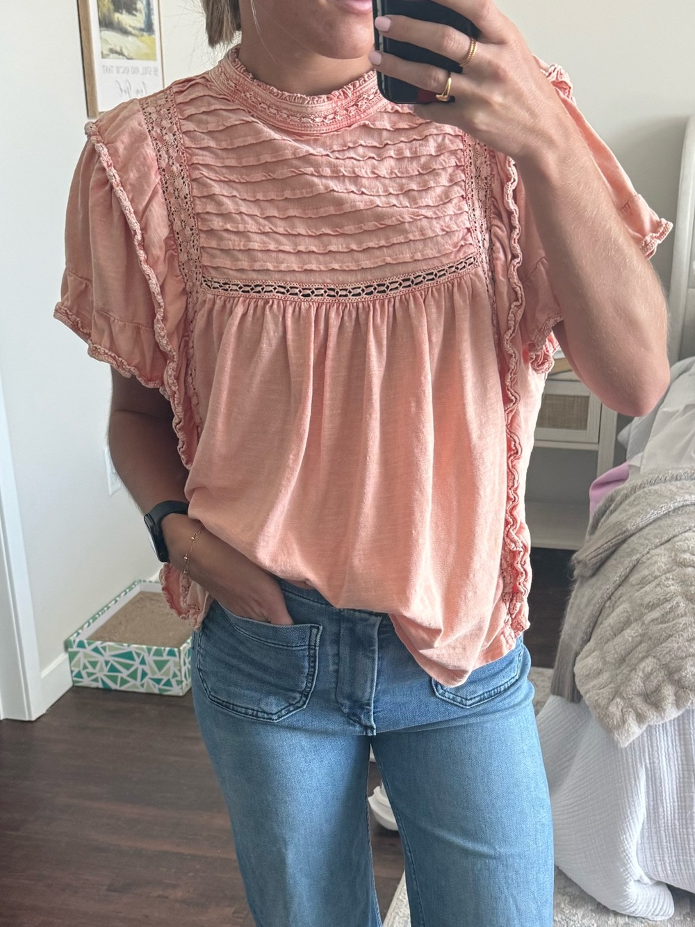 Free People Peach Crochet Yoke Ruffle Sleeve Top